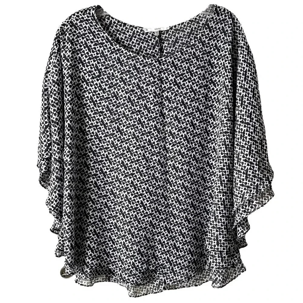 SIONI | Black and White Cold Shoulder Ruffle Trim Layered Poncho Top Size M